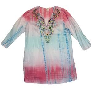 SUNDANCE Tunic Women’s Sz L Dreaming In Color Beaded Tie Dyed Coverup Flaws